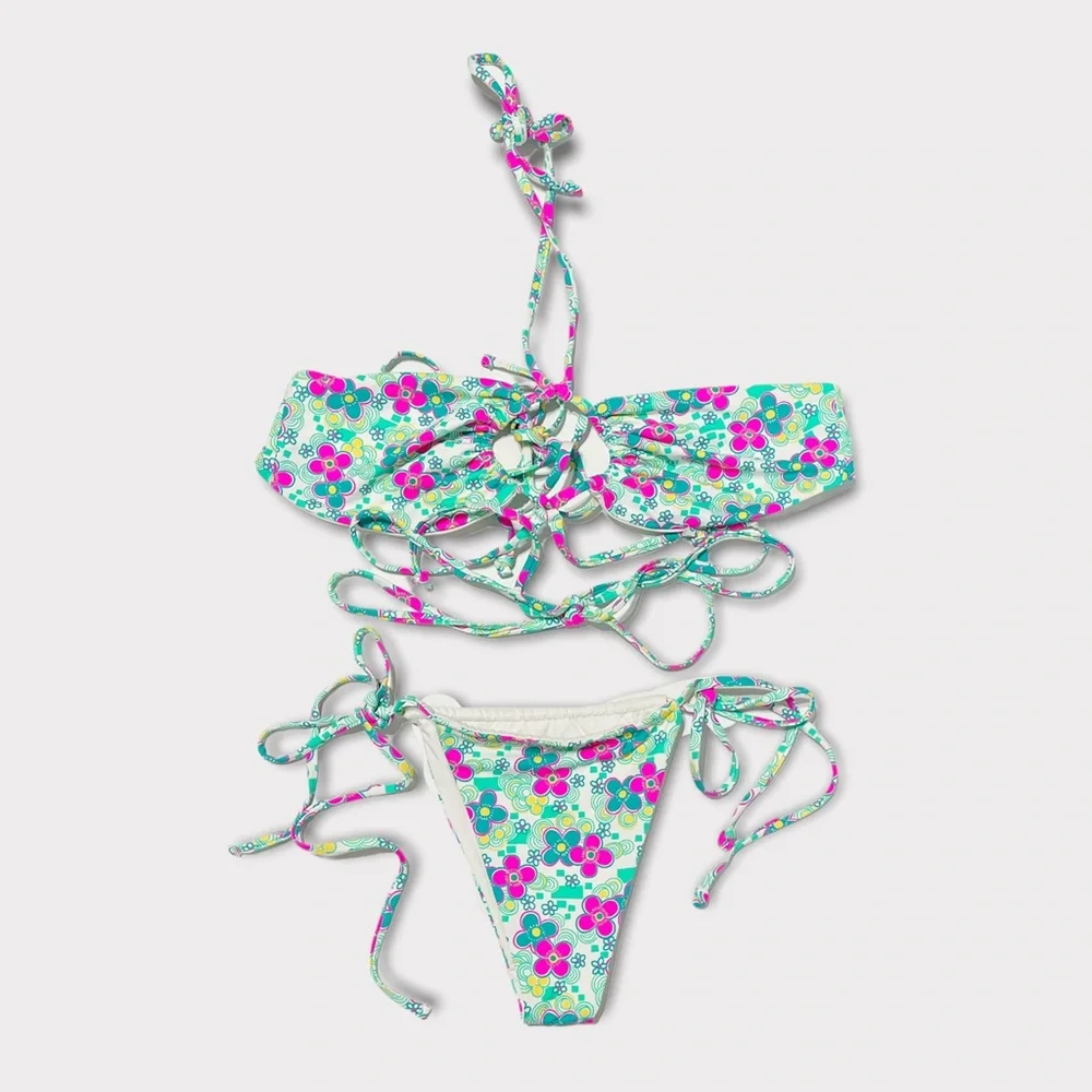Frankie's Bikinis Mint Floral Strappy Tie-Side Bikini Set